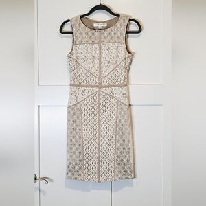 Maggy London Lace Overlay Midi Dress White Taupe Sleeveless Size 4 Like New